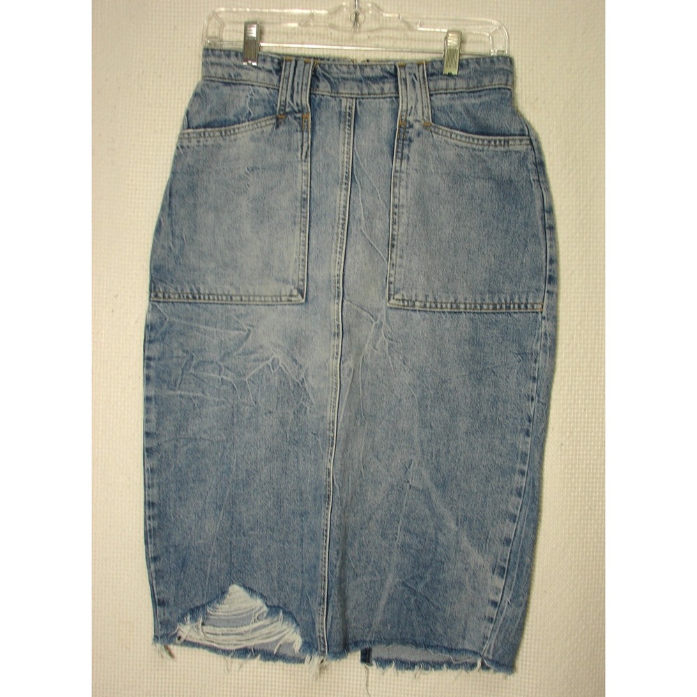We The Free People Blue Denim Midi Straight Ripped Pencil Skirt Size 4 Pockets